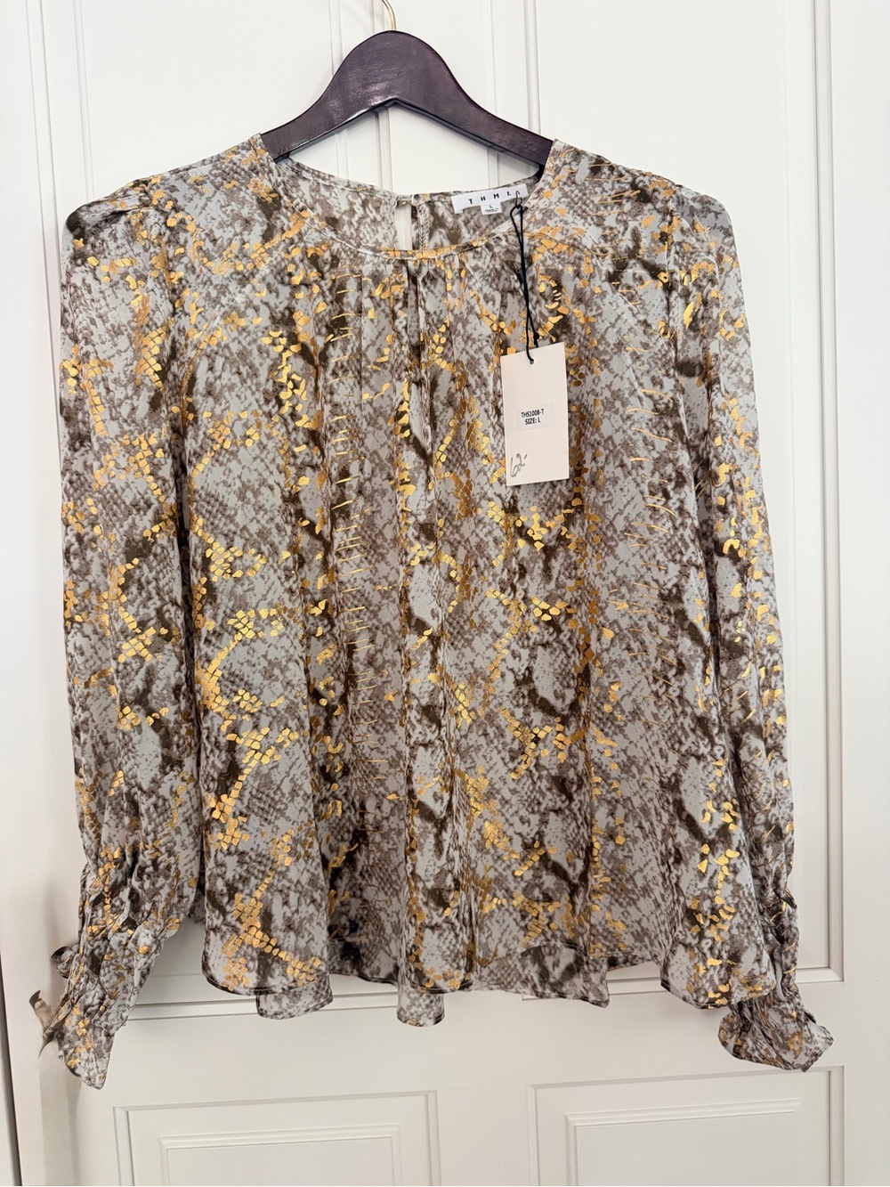 NWT THML Gray Blouse with Metallic Gold Snake-Print